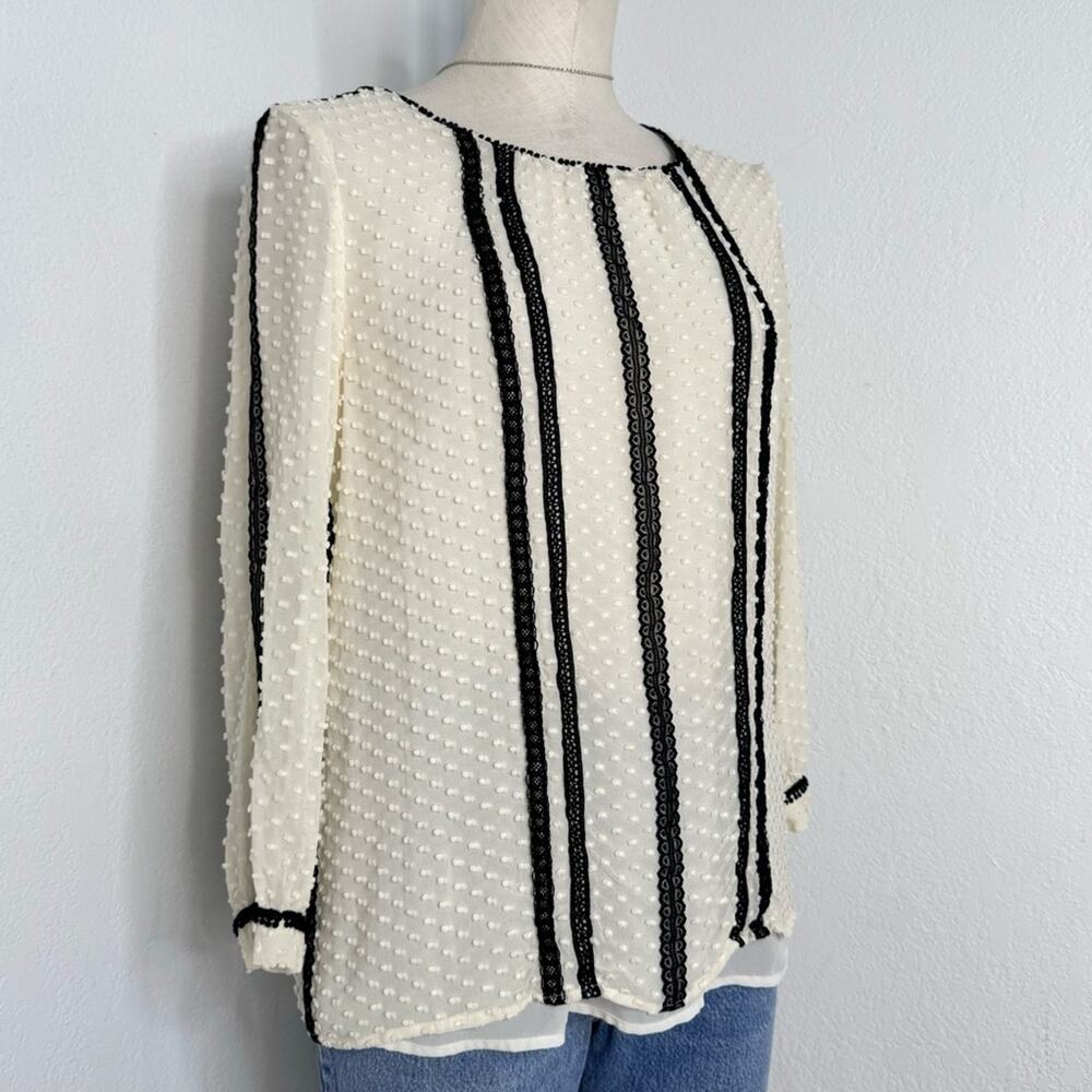 J.Crew Silk Blend Dot Texture Blouse Black Ivory Button Back Puff Sleeve SZ 8